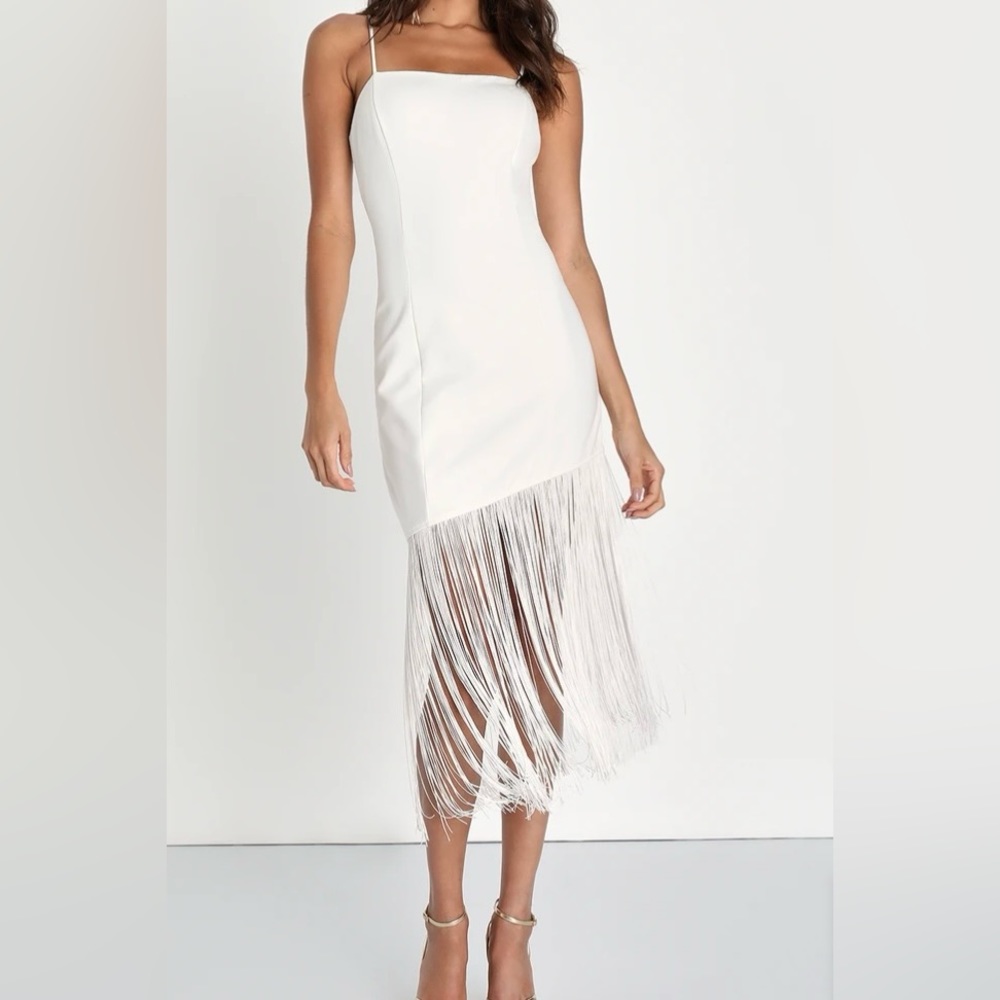 Lulus Famous Love Sleeveless Fringe Bodycon Midi Dress, Off White, Size 4